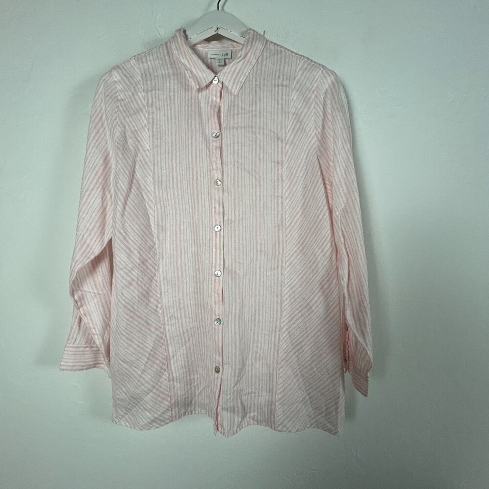 J.Jill Love Linen Womens Pink & White Striped Button-Up Shirt Top Large Petite